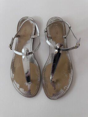 J Crew Size 12 Silver Metallic T-Strap Sandals